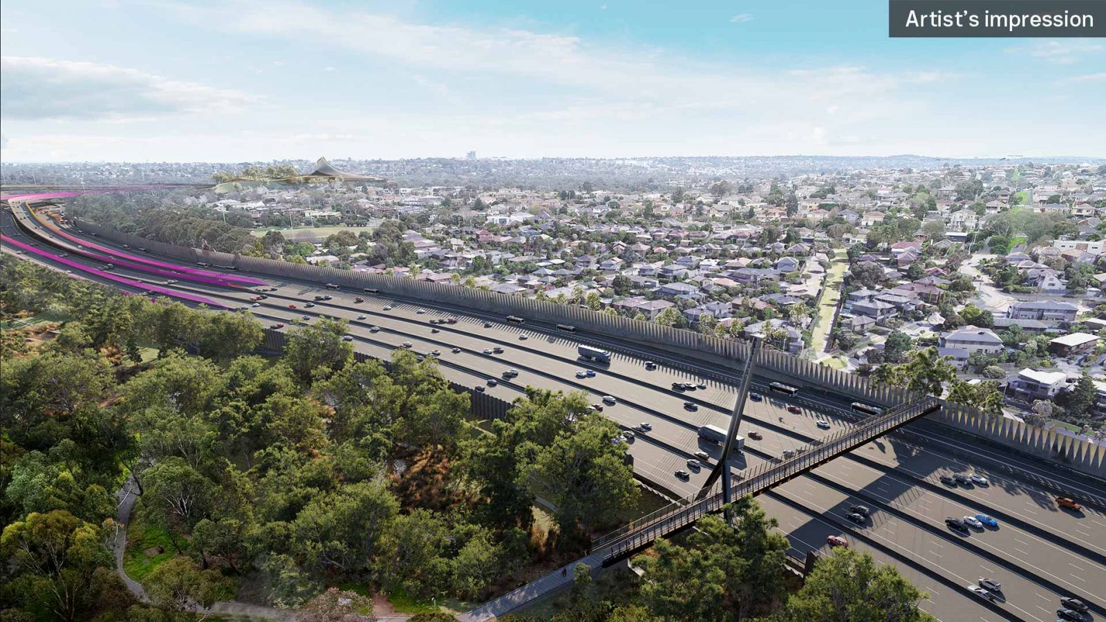 An artist impression aerial view of the Estelle Street bridge, express bus lanes and noise walls along the Eastern Freeway, facing towards the southern portal.