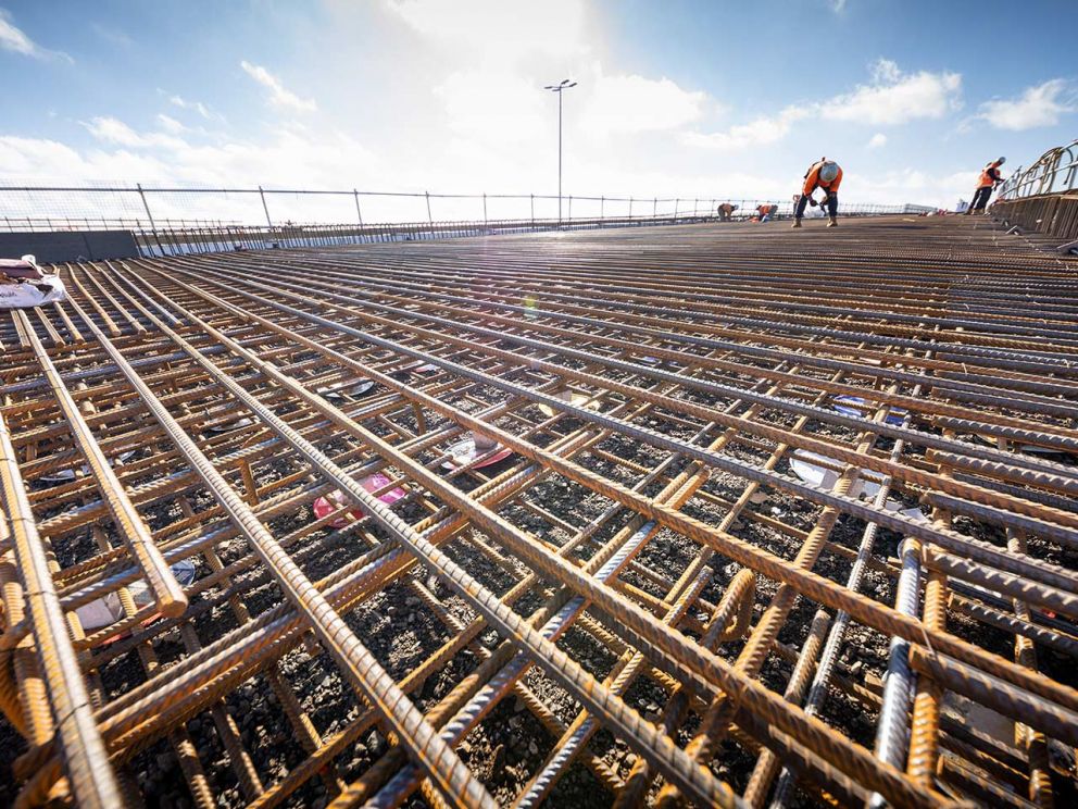 Steel reinforcement to create the deck of the new elevated ramps at Edgars Road