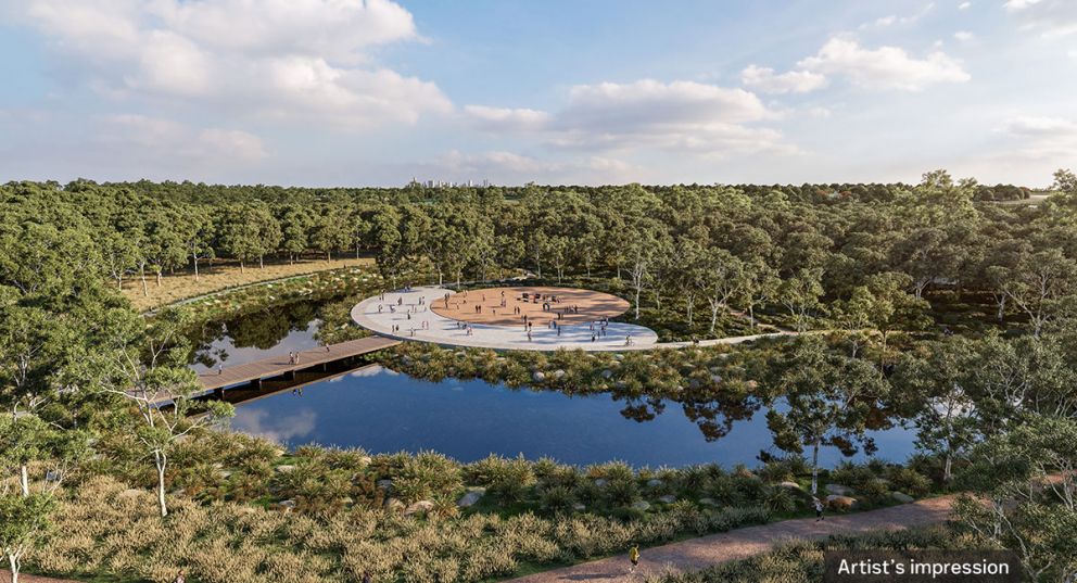 Artist’s impression view of new 1,800m2 wetland along the Yarra River. The new wetlands will re-establish a significant cultural landscape for the Wurundjeri people and create an Indigenous knowledge sharing precinct for Melbourne.