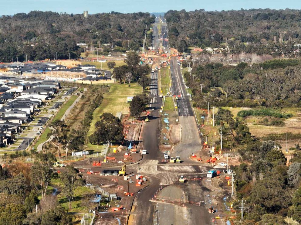 Aerial view of the Ballarto Road intersection during a closure