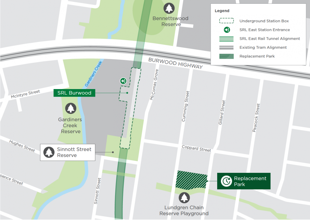 Map: Burwood SRL Station footprint with Sinnott Street Reserve and the replacement park highlighted