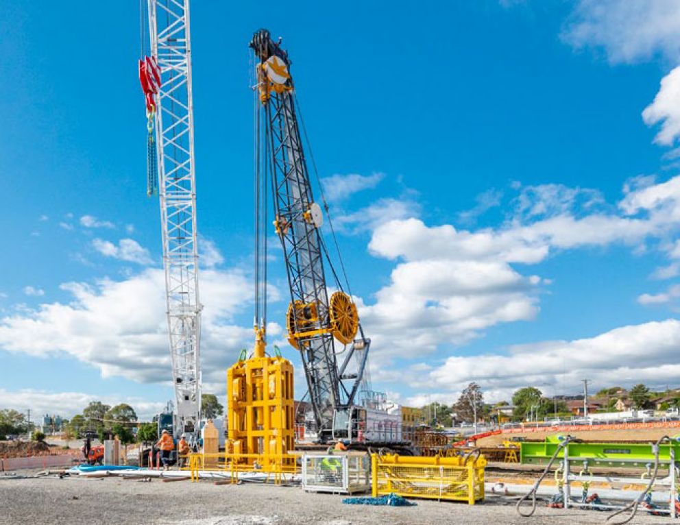 Tunnel wall construction at Manningham worksite showing equipment and workers on site