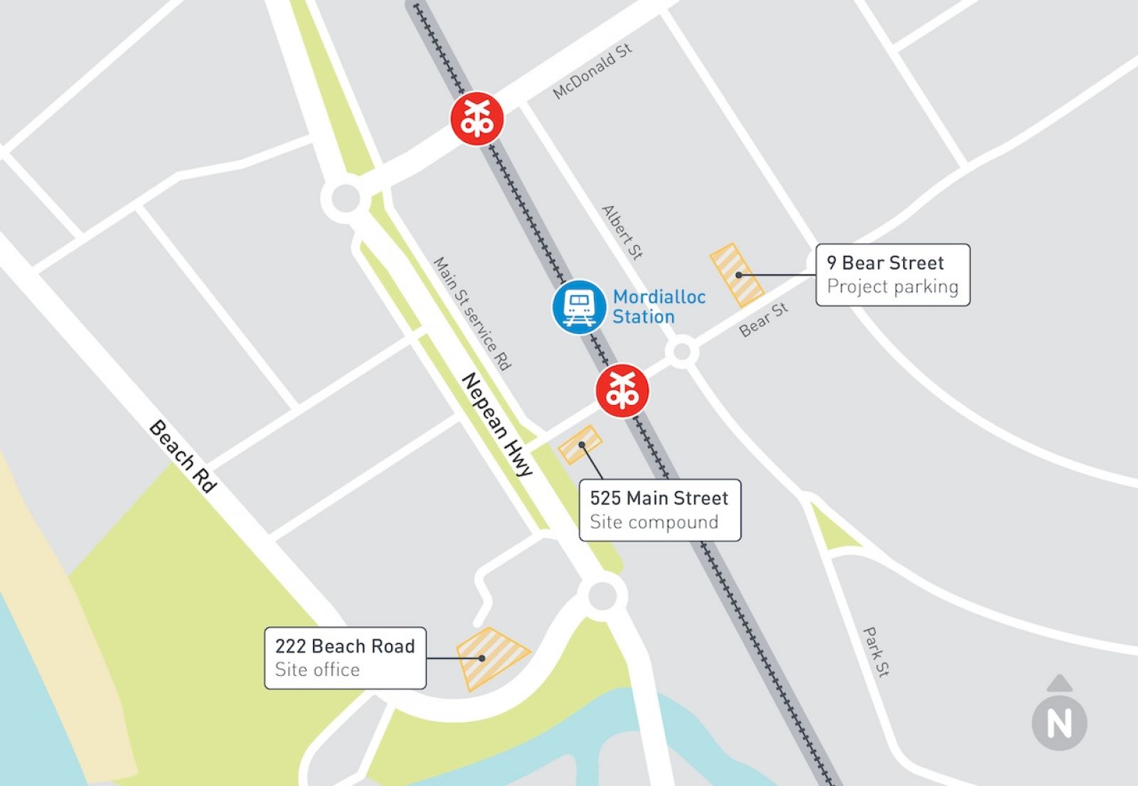 Map showing site compounds in Mordialloc