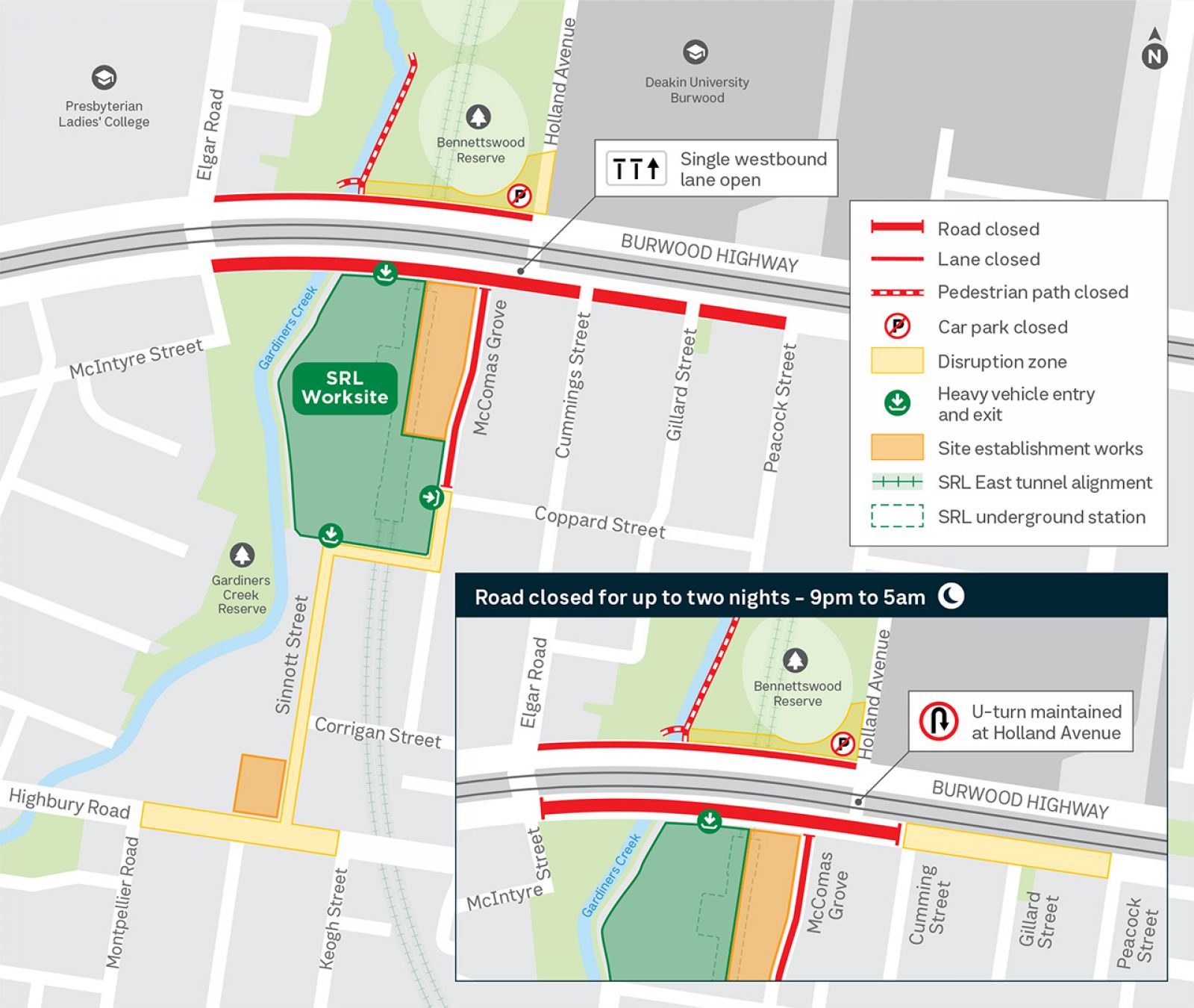 Eastbound and westbound lane closure on Burwood highway