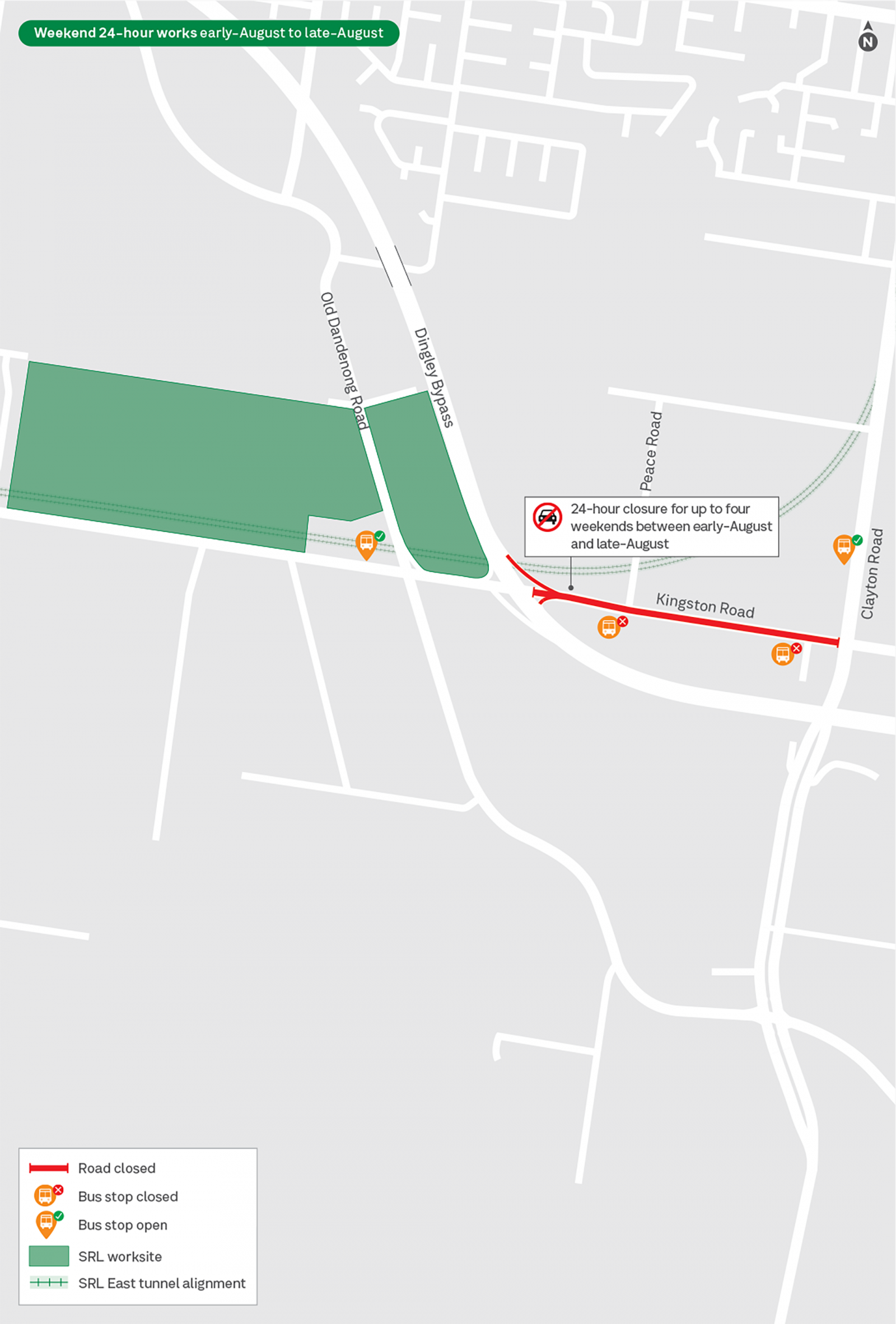 Road and lane closures on Old Dandenong Road and Kingston Road throughout August.