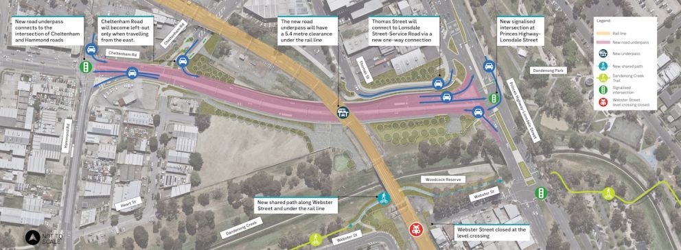 Map of the Webster Street level crossing removal and new road underpass. Artist impression, subject to change.