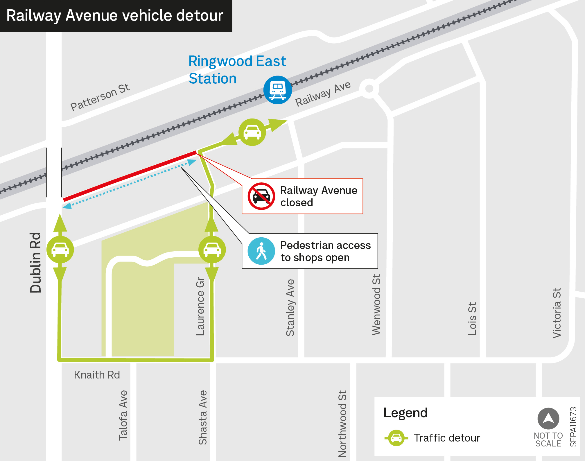 Detour map for closure of Railway Ave between Dublin Road and Laurence Grove