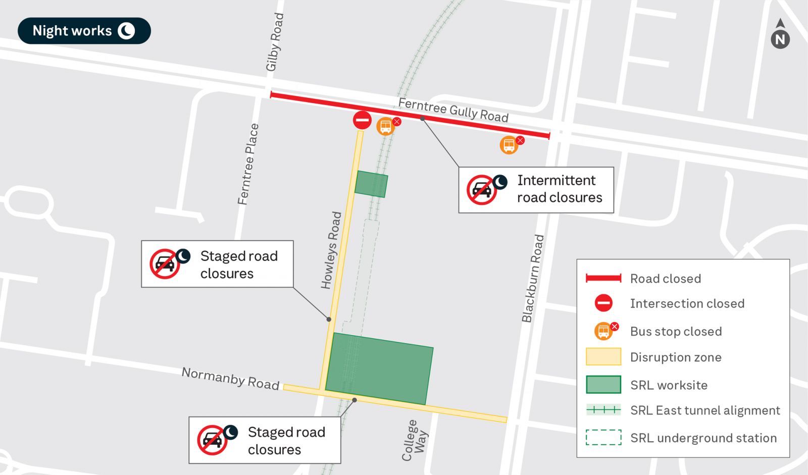 Map showing night works in Monash during June.