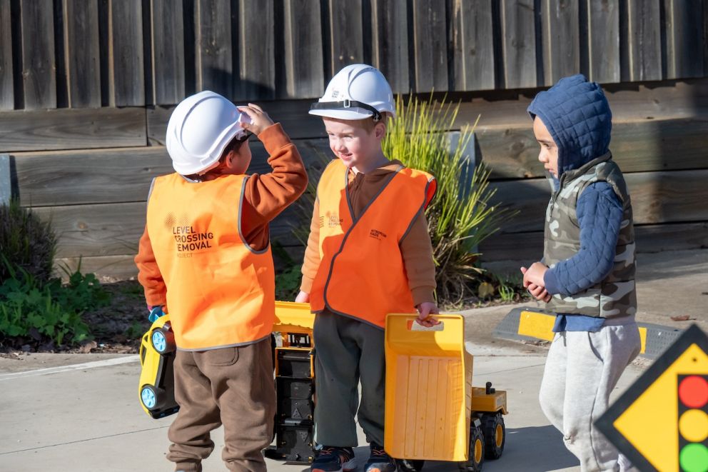 Removing level crossings isn’t child's play, but events like out ‘Kids in Construction’ day at Great Beginnings Childcare in Melton give the next generation of project engineers a taste of what building infrastructure is like