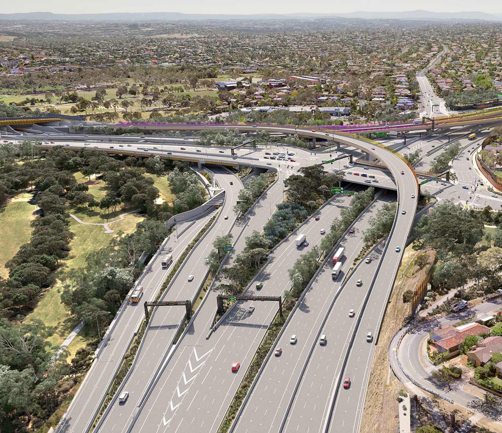 Artists impression of Bulleen interchange. Design subject to further development