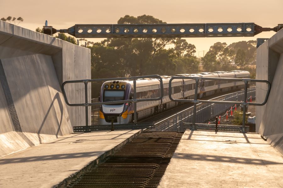A view of a Ballarat bound train from inside the Creek Street u-trough