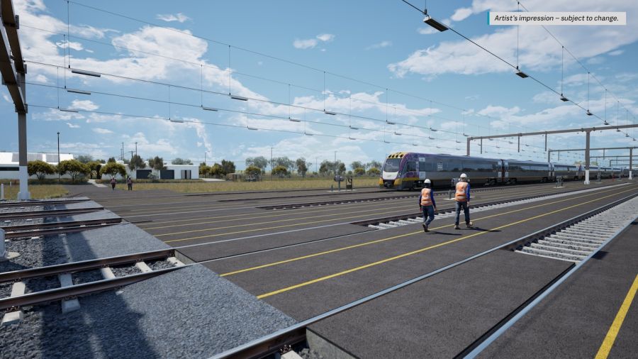 Six stabling bays for 9-car VLocity trains, looking north east