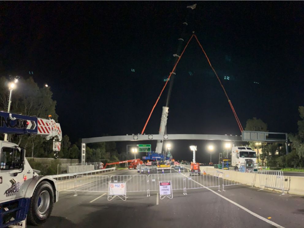 August 2020 Fabrication of first gantry at Thorntons Engineering in Geelong supporting local Victorian jobs. The image shows a blocked off freeway whilst propping up the first gantry with construction vehicles