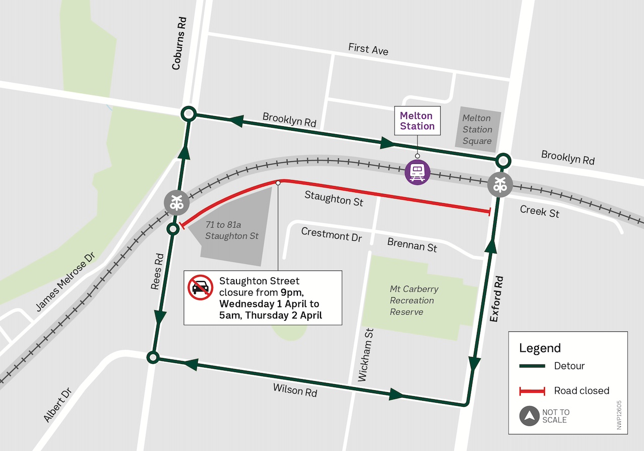 Map showing detours via Rees Road, Brooklyn Road, Exford Road and Wilson Road