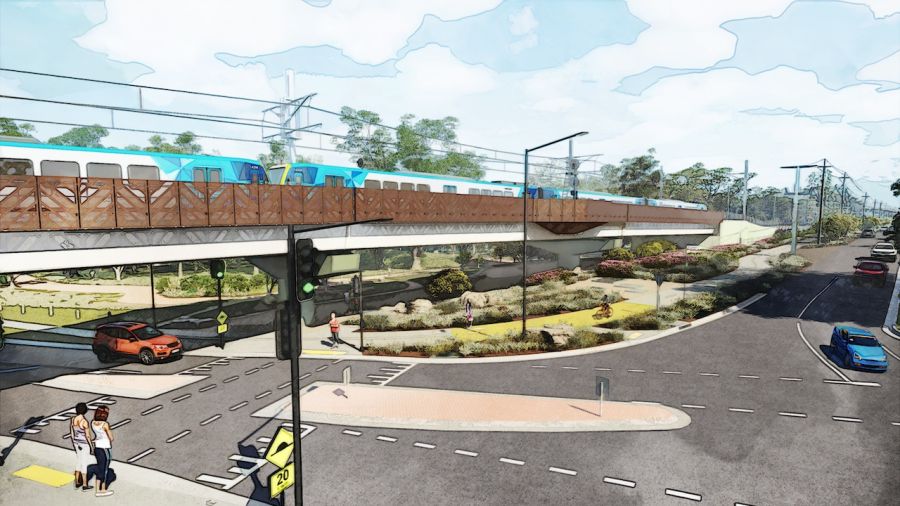 Looking south east towards the new rail bridge at Ruthven Street, Macleod. Artist's impression, subject to change