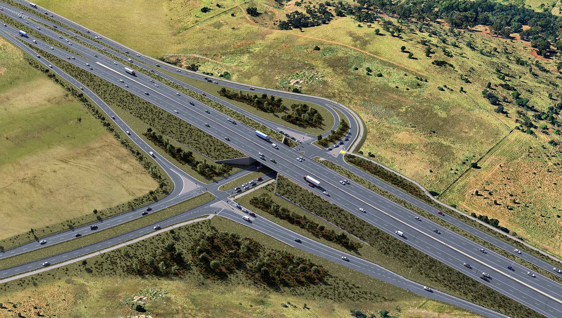 Artist impression of Calder Park Drive Interchange looking north towards Sunbury
