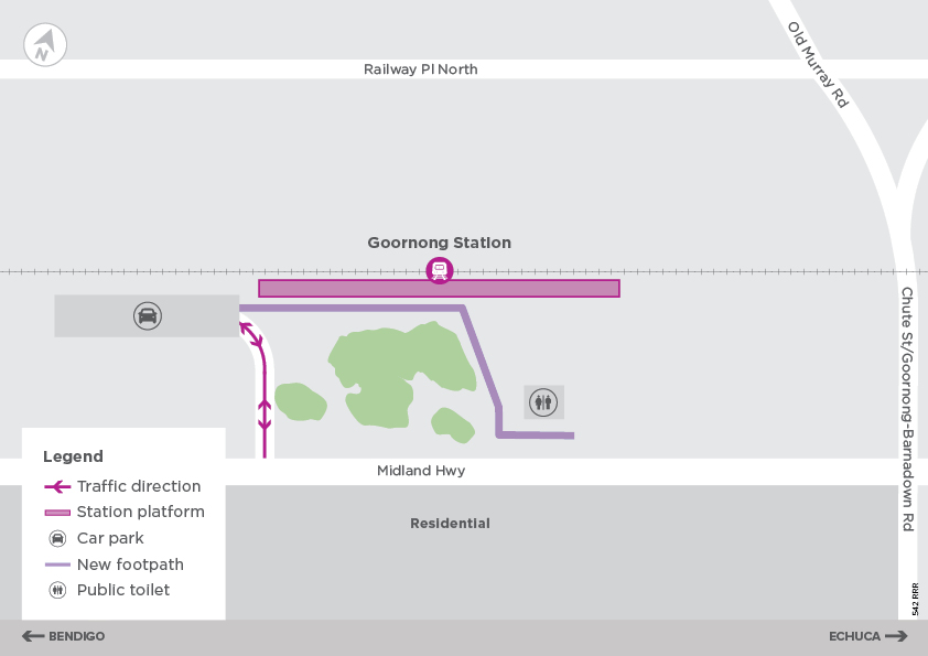 Goornong Station — the new station will be located between the Midland Highway and the rail line in Goornong, to the west of Chute Street/Goornong-Barndown Road.