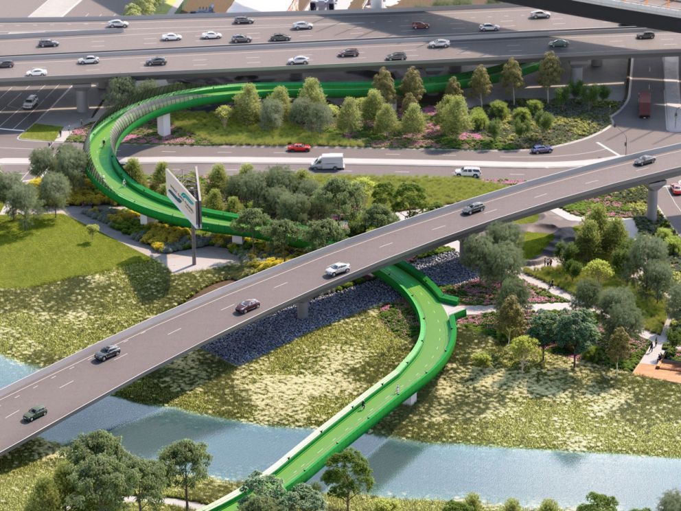 Artist impression of Moonee Ponds Creek including BMX track and shared use path over Footscray Road