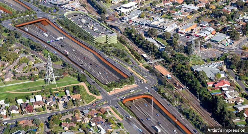An artist impression aerial view of the two new green bridges at Elder Street and Watsonia Road, and the multi-level Watsonia Station parking in Watsonia.