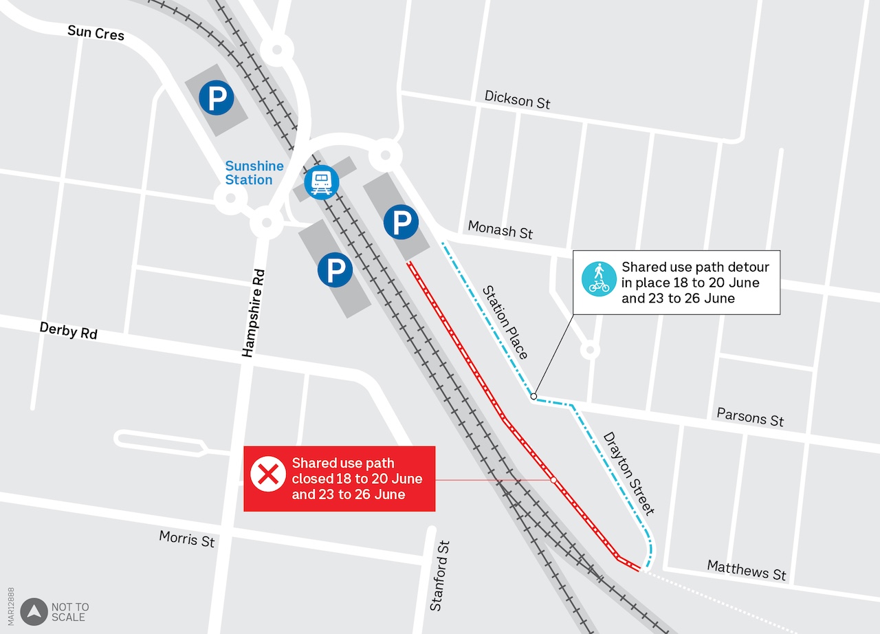Map showing pedestrian detour along Station Place and Drayton Street.