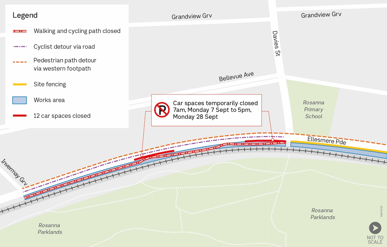 Map showing detour via road for cyclists and via western footpath for pedestrians