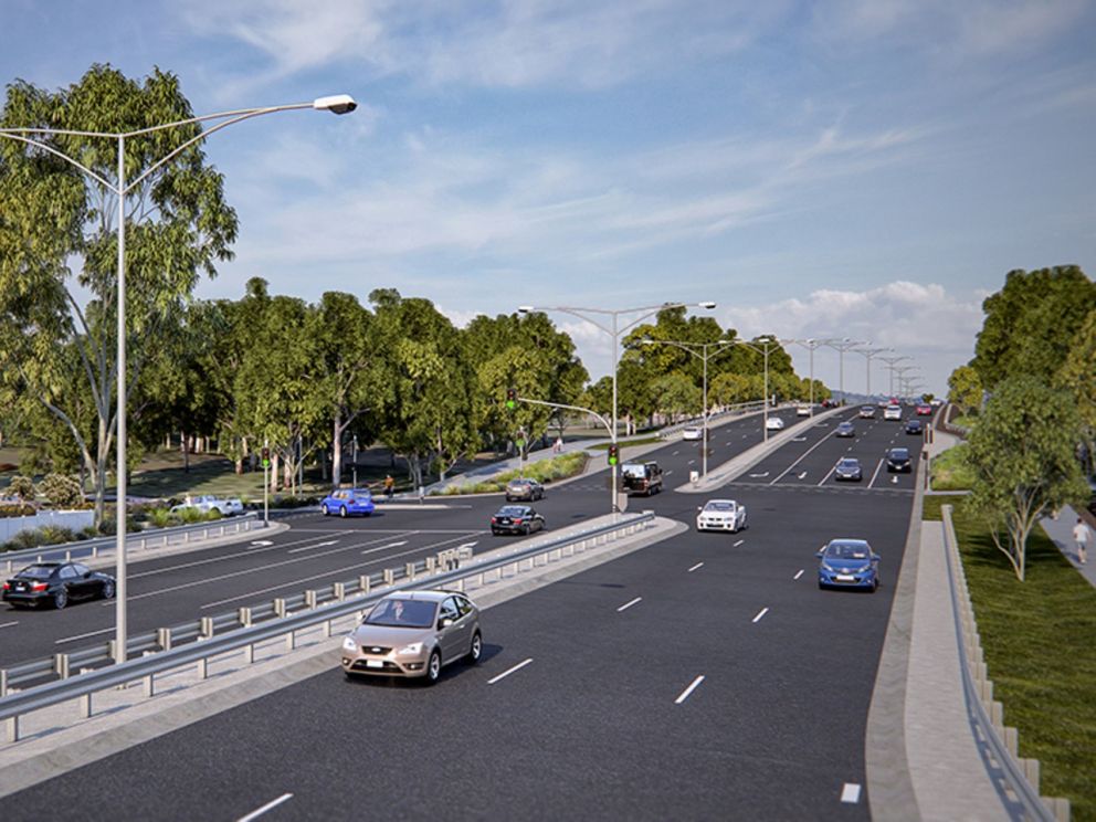 Artist's impression of the added intersection at O’Shea Road and Bridgewater Boulevard. Image shows cars driving along OShea Road and trees along each side of the road.