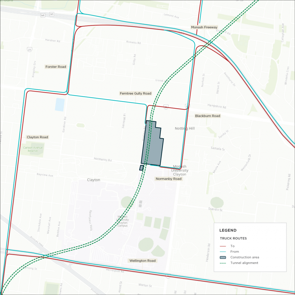Map: Monash primary construction vehicle routes