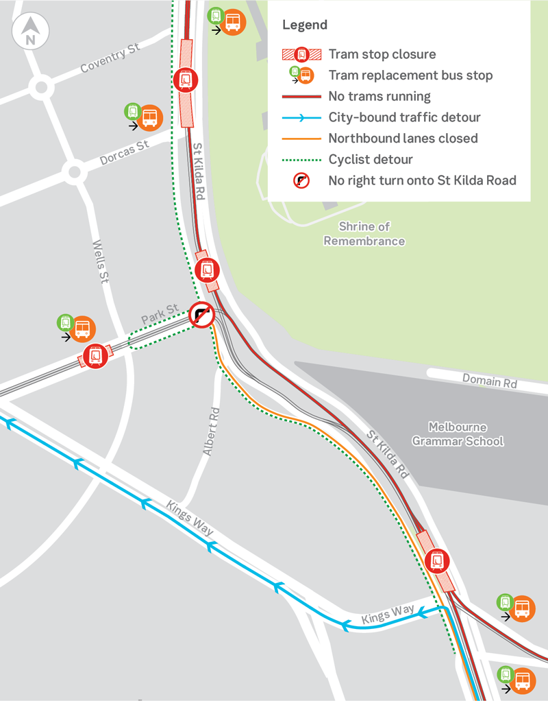 Map of disruptions on St Kilda road. Details in text.