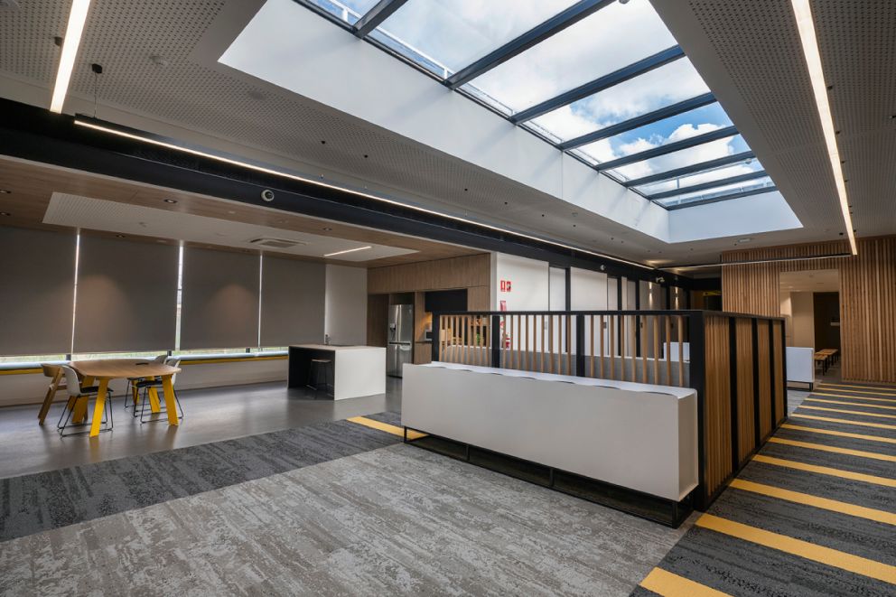 An office interior with a large skylight