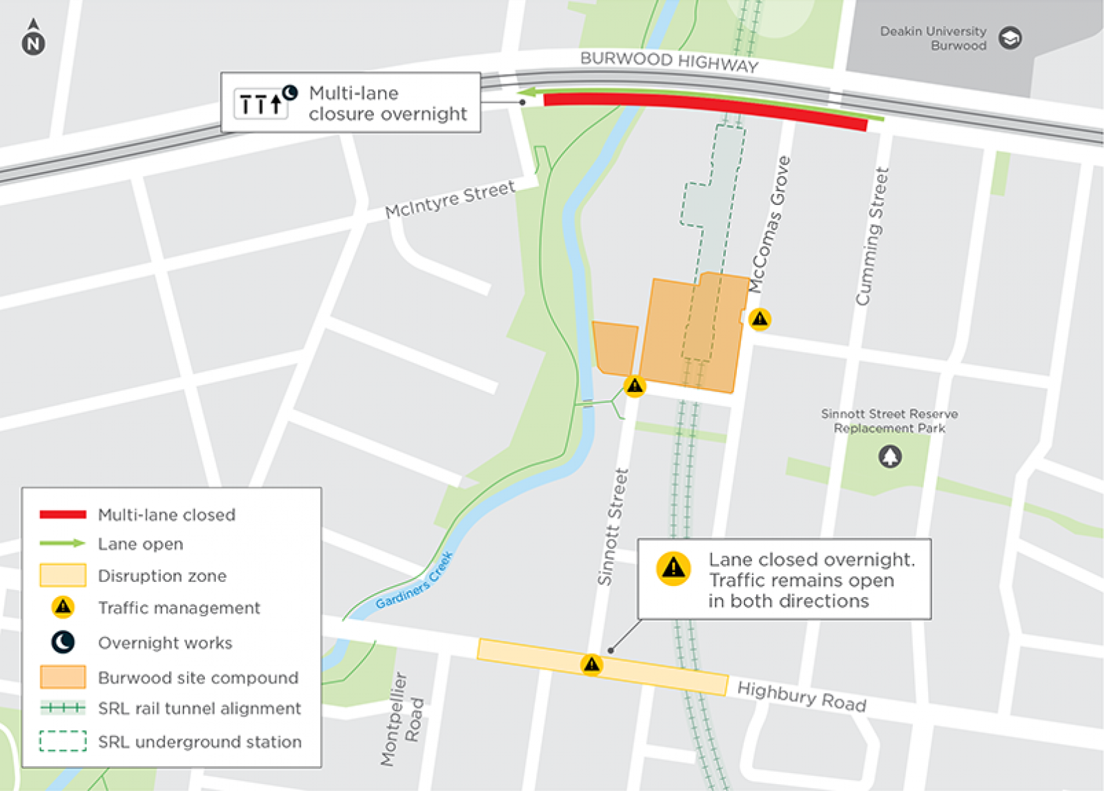 Map: Burwood Highway multi-lane closure. Full details captioned below.