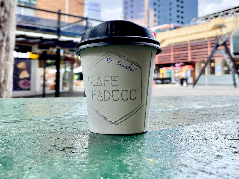 Coffee cup from Cafe Faducci outside 