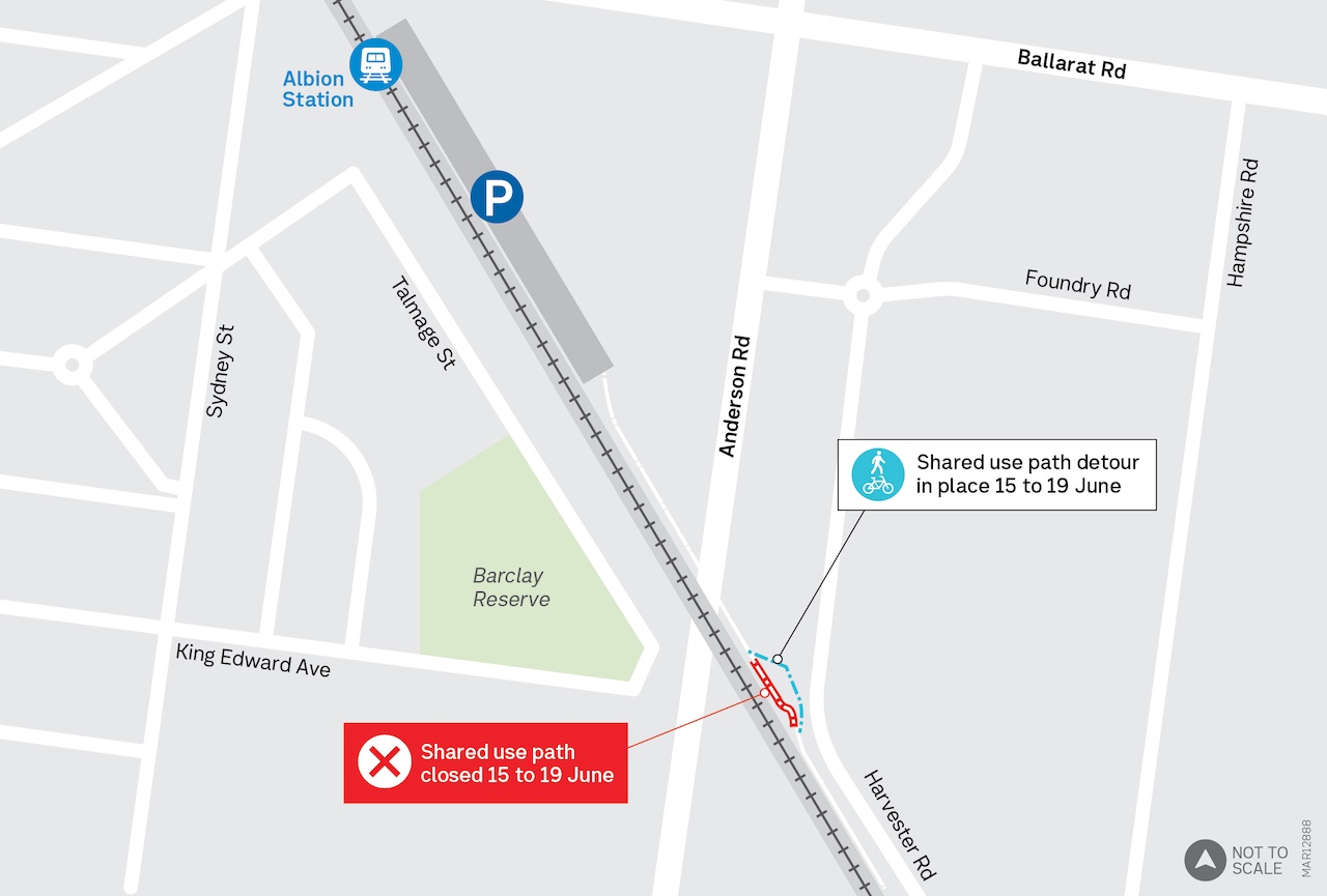 Map showing location of closure between Sunshine Station and Harvester Road, please follow signed detour.