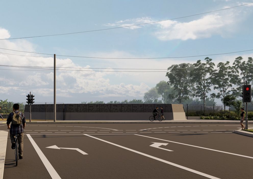 New Bedford Road and Great Ryrie Street intersection, looking north. Trees and plants depicted at 5-6 years from planting. Artist impression, subject to change.