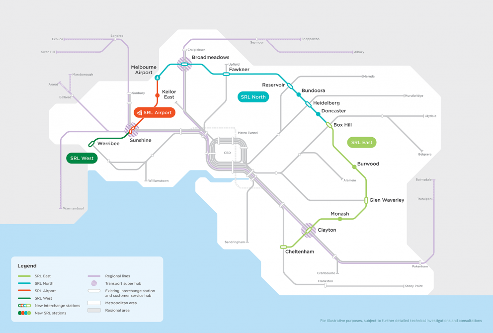 Suburban Rail Loop map. Rail line has 4 sections - SRL East, SRL North, SRL Airport and SRL West.