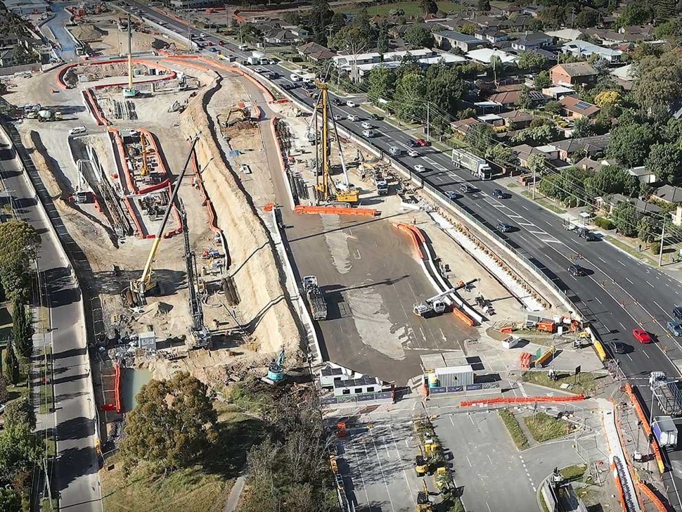 Aerial of Watsonia construction site adjacent to Greensborough Road, north of Simpson Barracks with machinery and equipment.