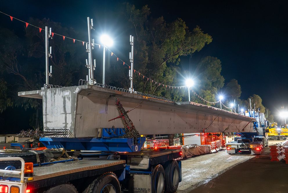 One of the convoy of trucks delivering the Super T-beams to site