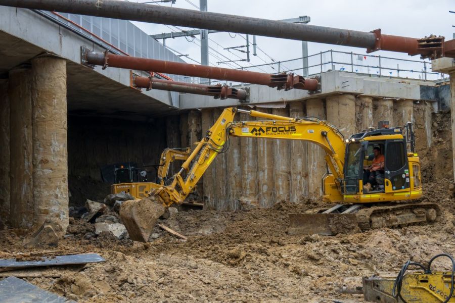 Underpass excavation breakthrough beneath the rail line