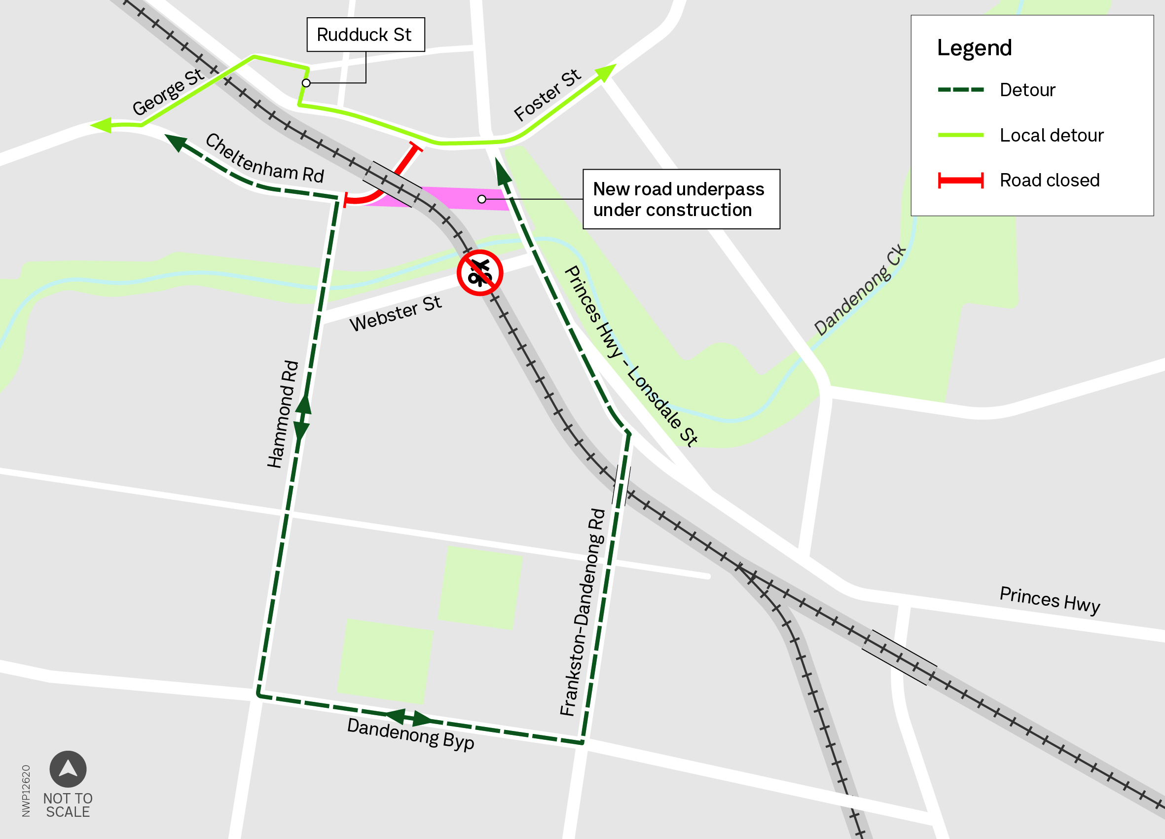 Map showing detour via Frankston-Dandenong Road, Dandenong Bypass, Hammond Road and Cheltenham Road or via George Street and Foster Street