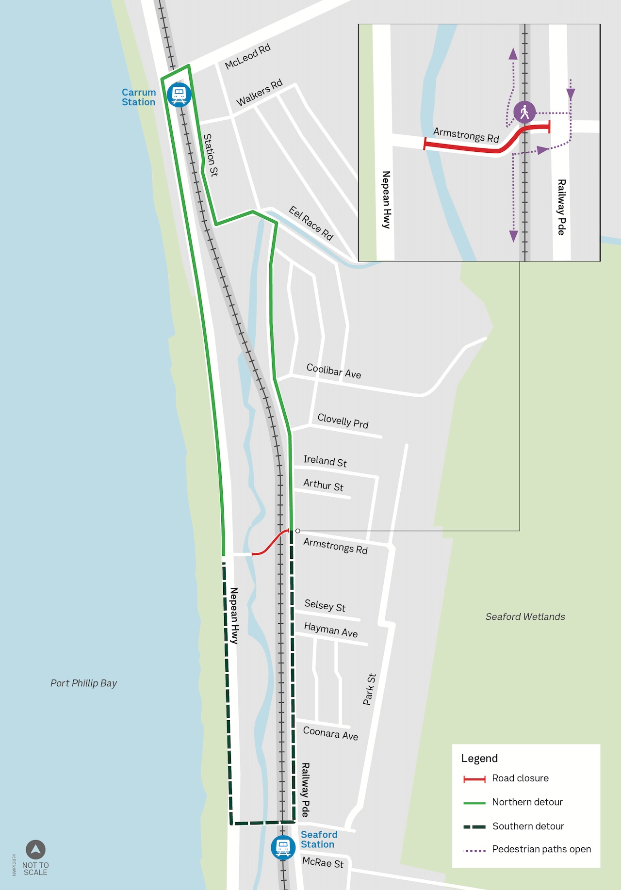 Map showing detour via Nepean Highway and Railway Parade or via Nepean Highway and Station Street