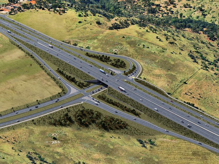 Artist's impression of the proposed Calder Park Drive Interchange, showing a new diamond interchange connecting Calder Park Drive with the Calder Freeway.