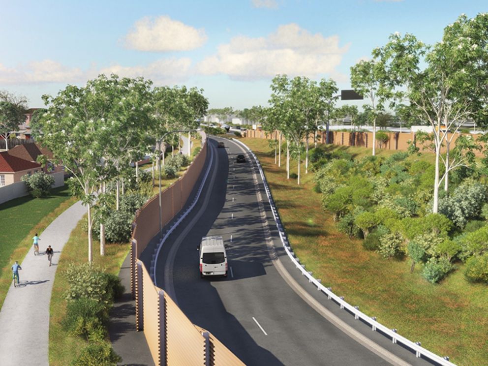 An artist impression of the Mordialloc noisewalls and entry ramp at Centre Dandenong Road. On the other side of the ramp there's a walking/cycling path.