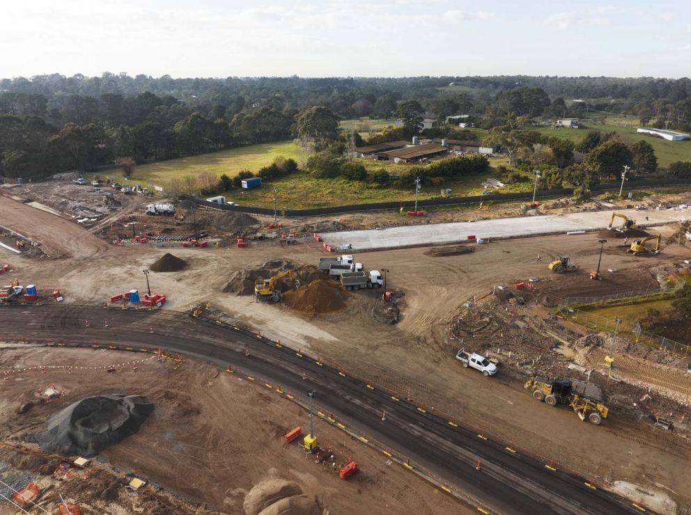 Aerial view of the Cranbourne-Frankston Road intersection during the closure