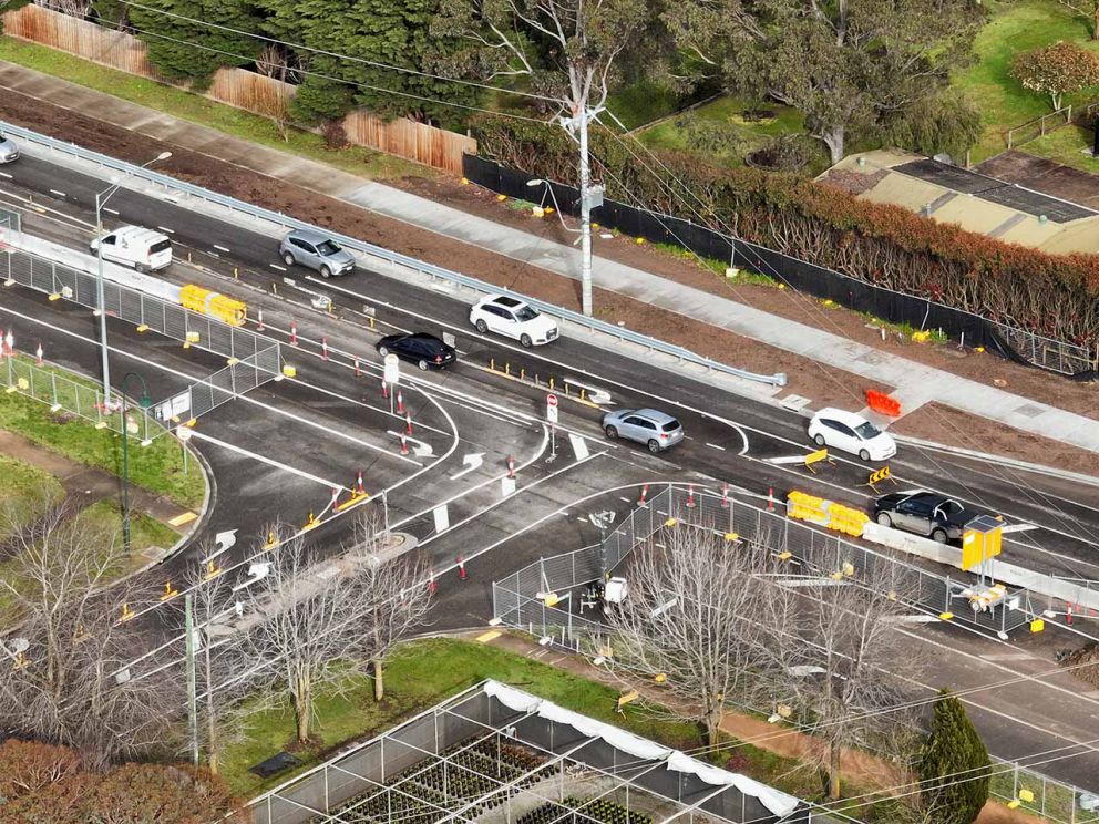 Aerial shot of temporary barriers in place either side of the Brundrett Road and Narre Warren North Road intersection