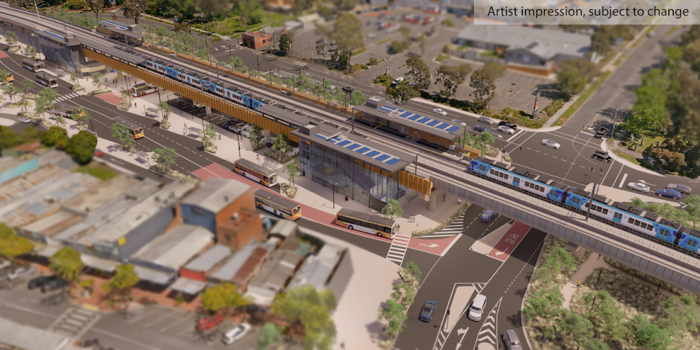 Rail line raised over the road to connect Croydon’s town centre. Artist impression only. Subject to change.