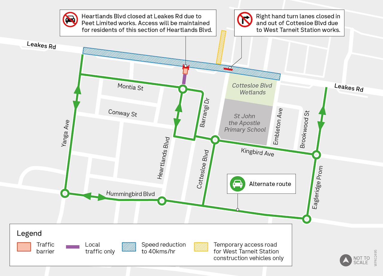 Map showing alternative route while Leakes Road is impacted by traffic management