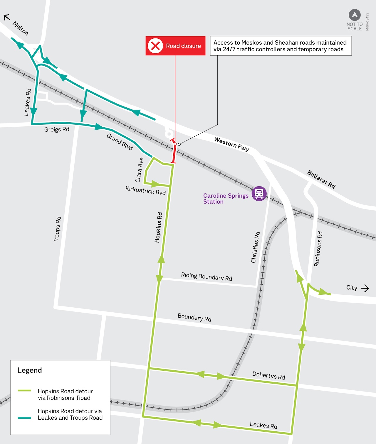 Map showing detours to cross the rail line via Robinsons Road or Leakes Road and Troups Road