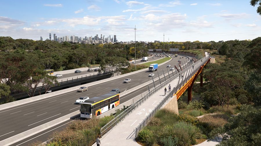 Artist's impression of new Eastern Busway and Yarra River walking and cycling bridge in Kew