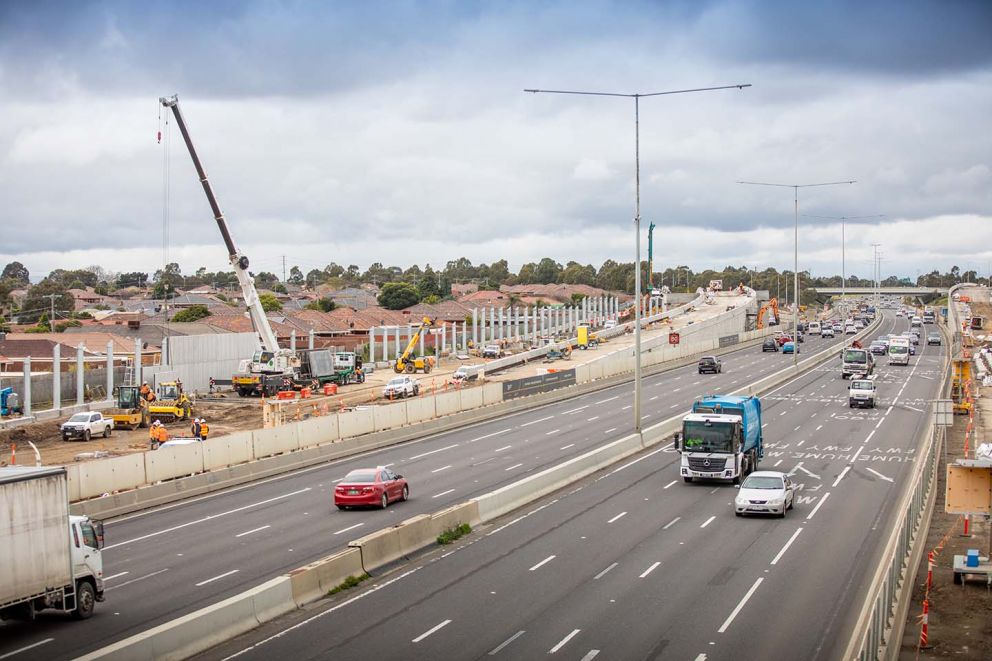 Works progress on the new noise walls and elevated ramp at Edgars Road