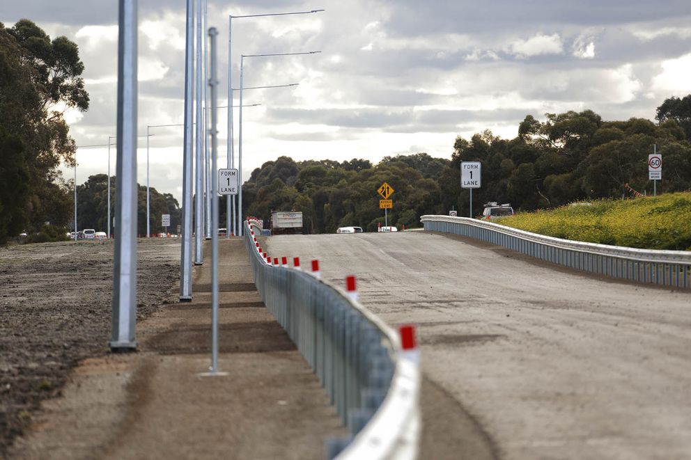 Safety barriers and street lighting installed for the new Mornington Peninsula Freeway entry ramp at Thames Promenade 