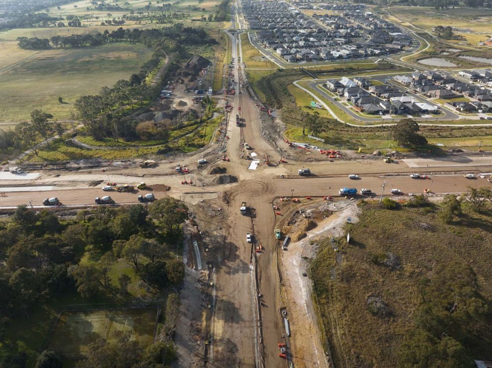 Aerial view of the Ballarto Road intersection during the closure 